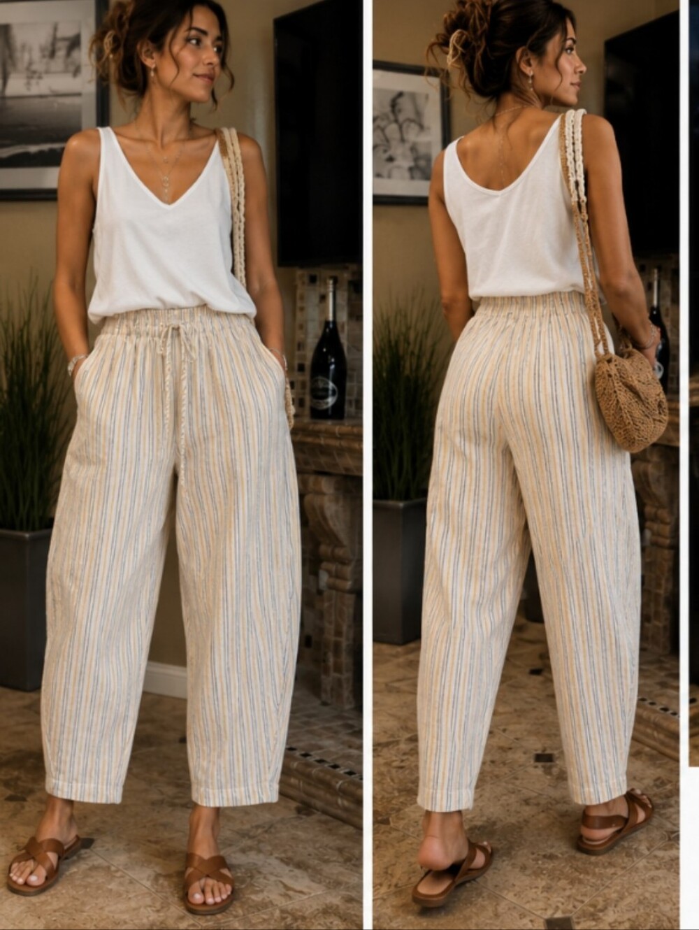 Free People, NWT, Striped Elastic-Waist Barrel Pants - Cream/Blue, Size S
